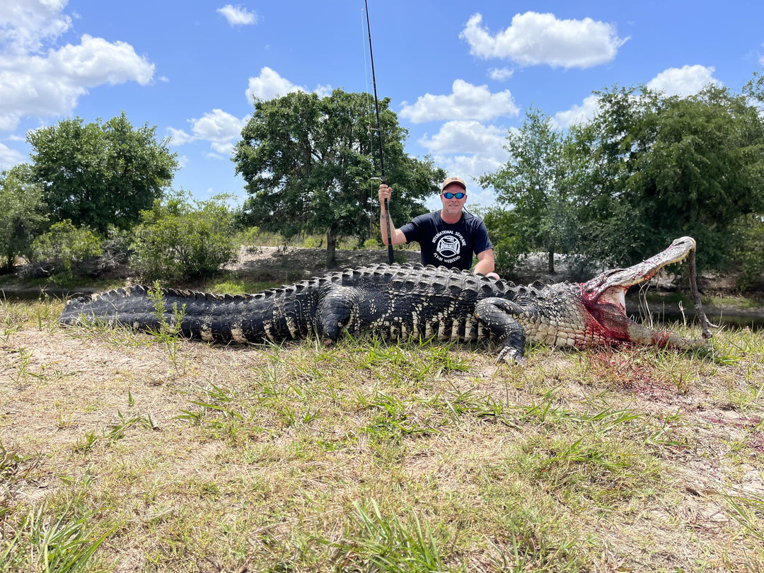 person sitting with massive alligator 